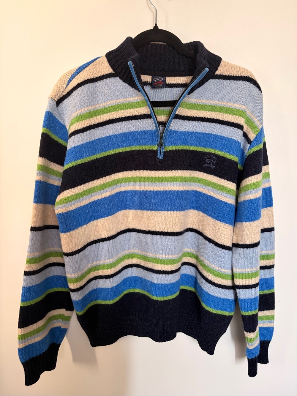 Paul & Shark 100% Wool Striped Half-Zip Sweater - Large